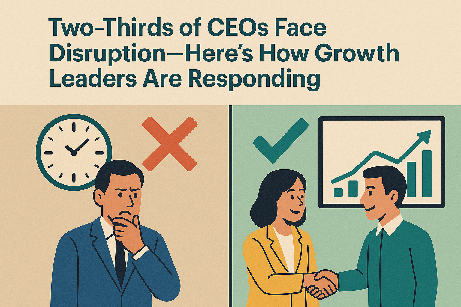 A split-screen flat-style illustration contrasts two CEO responses to disruption. On the left, a worried male CEO in a suit stands under a large clock and a red “X,” symbolizing concern and inaction. On the right, a smiling female growth leader in a yellow blazer shakes hands with a confident male colleague, under a green checkmark and a screen displaying rising performance charts. The headline reads: “Two-Thirds of CEOs Face Disruption—Here’s How Growth Leaders Are Responding.