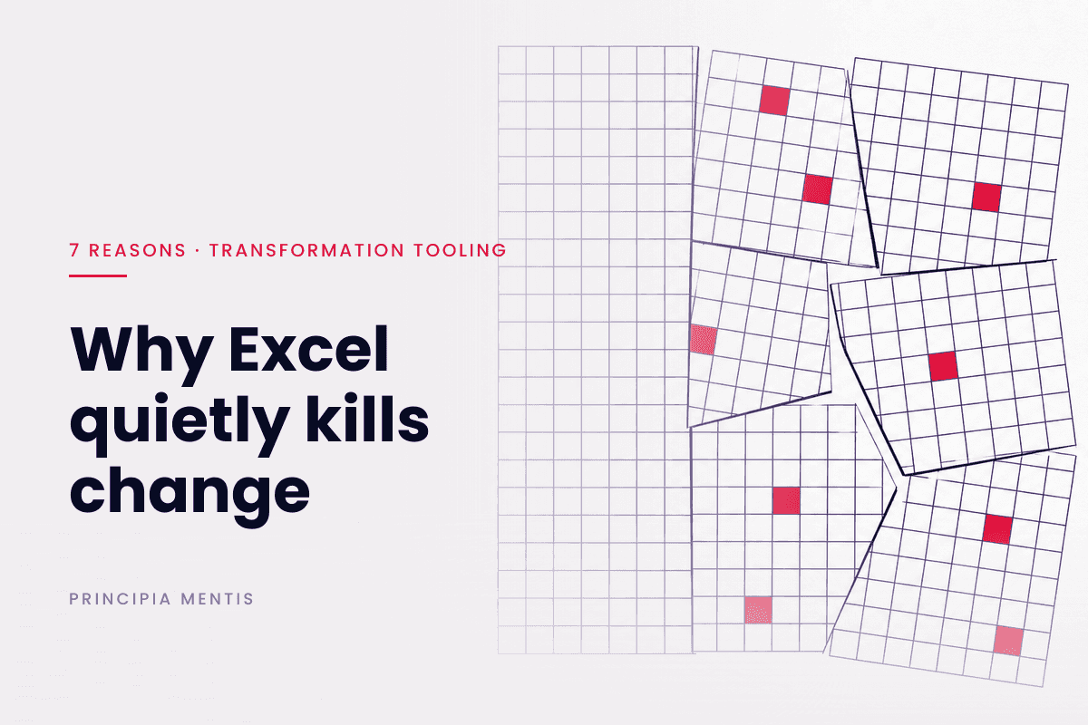 7 Critical Reasons Excel Kills Change 1 Article cover: Why Excel quietly kills change. Diagram: a ruled grid breaking into separating plates.